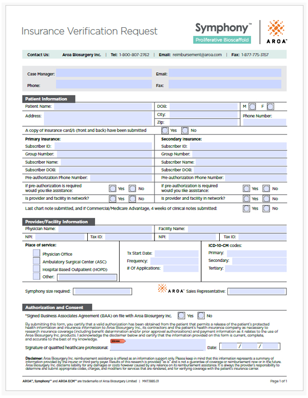 Symphony™ Insurance Verification Request form